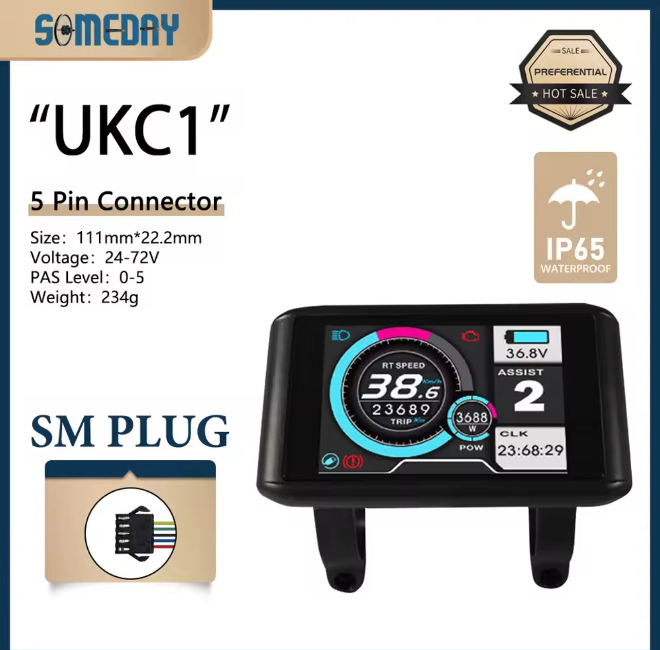UKC1 Color LCD Display for Electric Bikes – SM & WP Plug Options | Upgrade for SW900 | Compatible with 36V/48V